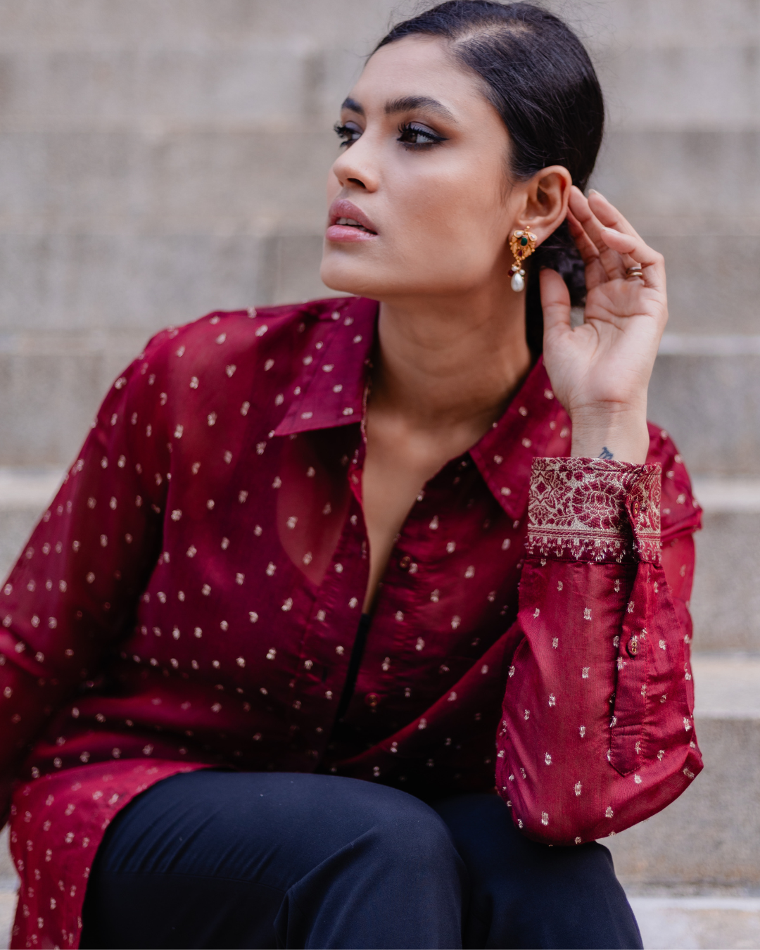 Afreen Gold Textured Dots Shirt - Maroon