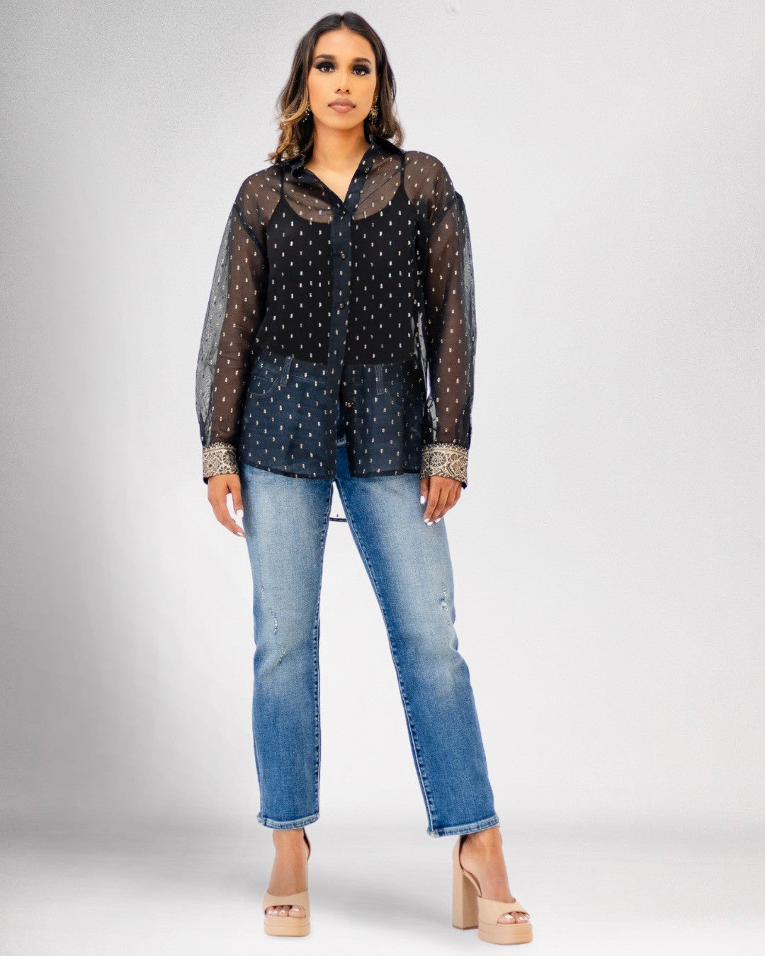 Afreen Gold Textured Dots Shirt - Black
