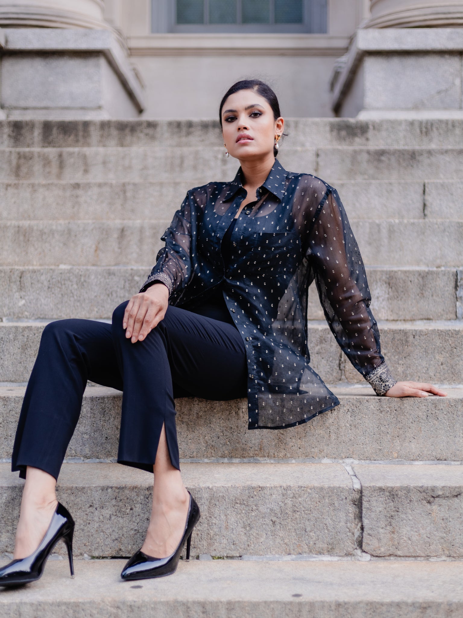 Afreen Gold Textured Dots Shirt - Black