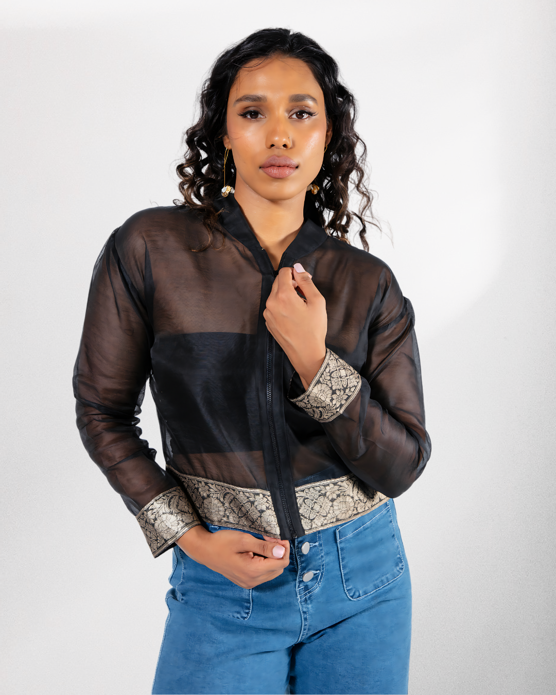 Black Diksha Sheer Bomber Jacket