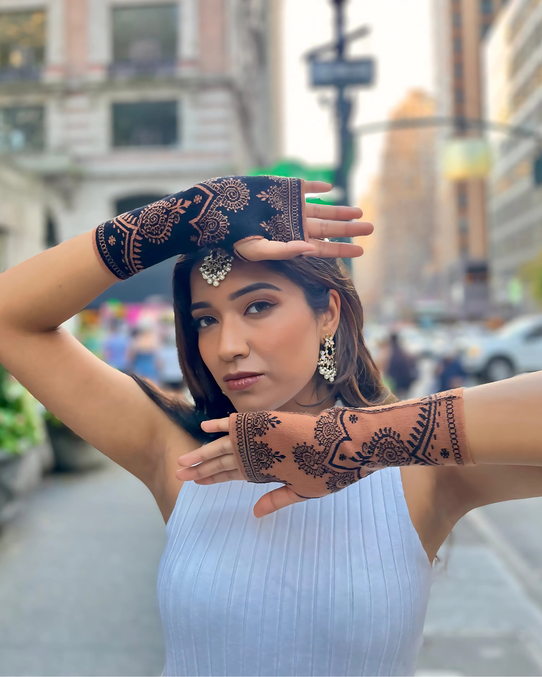 Women Wearing Henna Inspired Fingerless Gloves